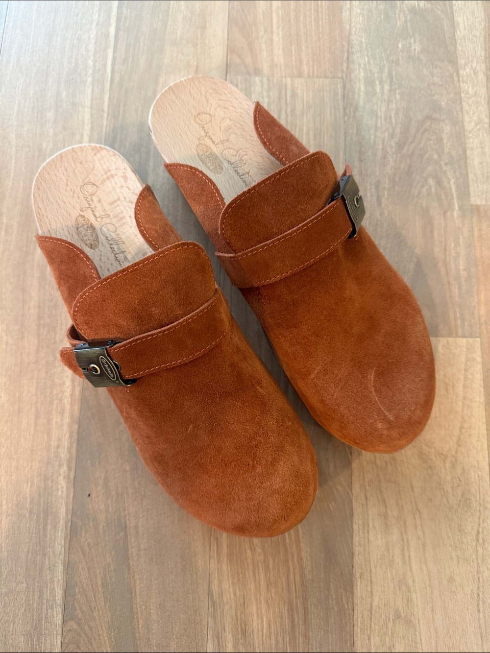 Dr. Scholl's Rust Brown Suede Mules with Buckle